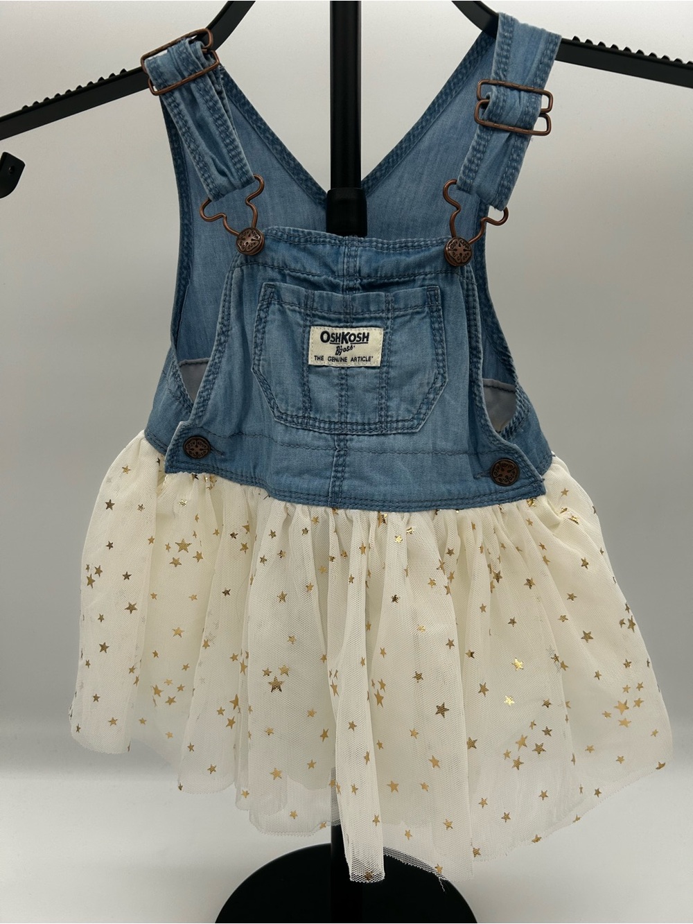 OshKosh B'gosh Blue Denim Overall Dress with Cream Tulle and Gold Stars Size 9M